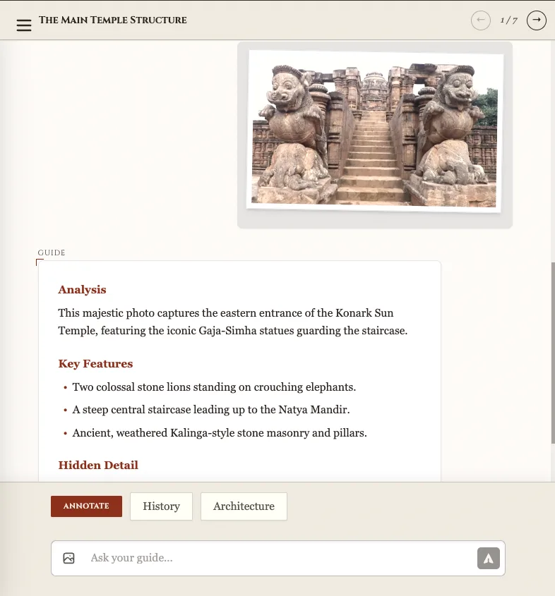 A captured photo of the temple's Gaja-Simha lion statues, with JournaLens explaining what they are and offering to annotate them.