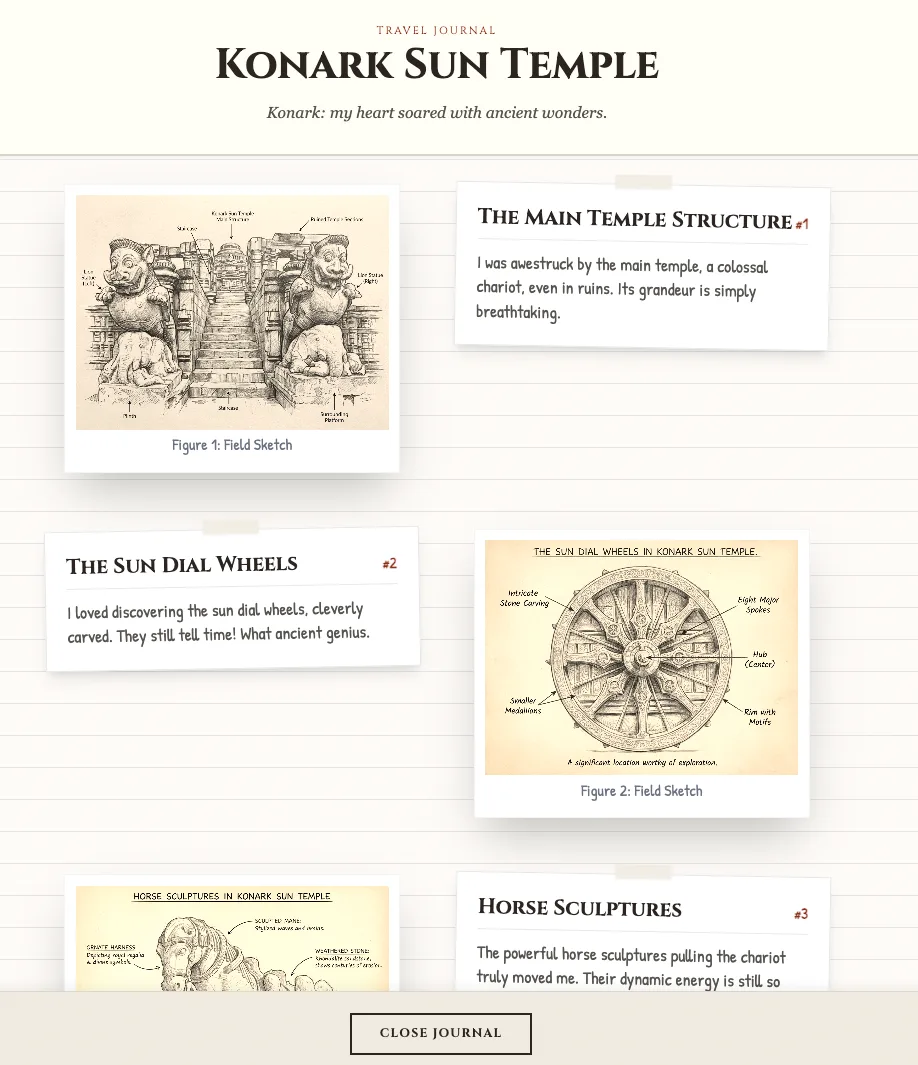 The finished JournaLens travel journal for the Konark Sun Temple, collecting the visit's checkpoints and annotated highlights.