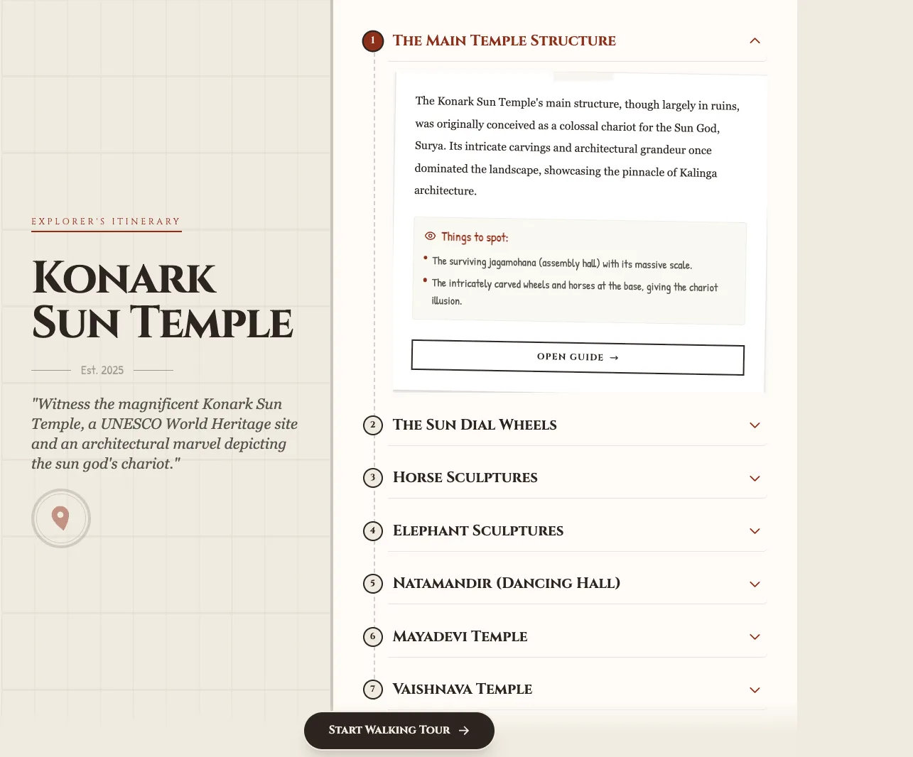JournaLens lays out a walking tour of the Konark Sun Temple, a checkpoint for each part of the site.